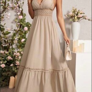 Chic Beige Lace Maxi Dress